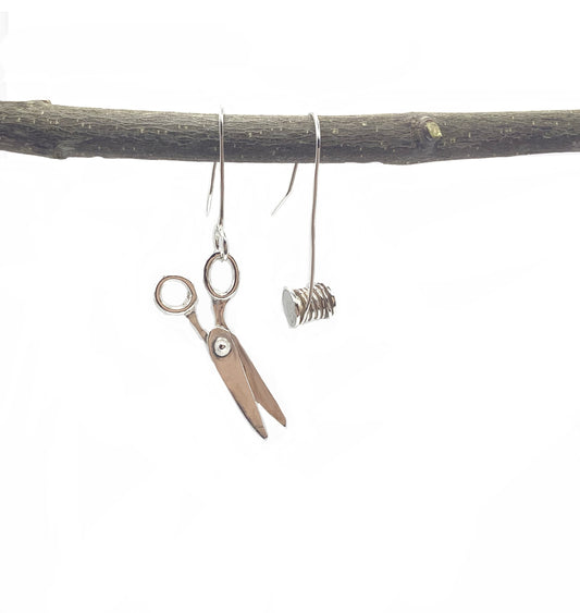 Sterling silver scissors & cotton thread earrings