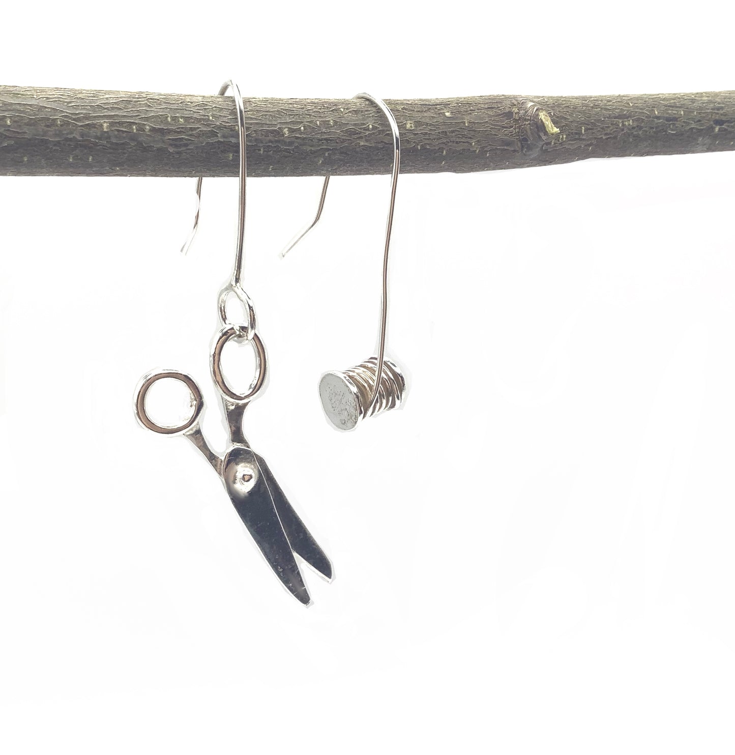 Sterling silver scissors & cotton thread earrings