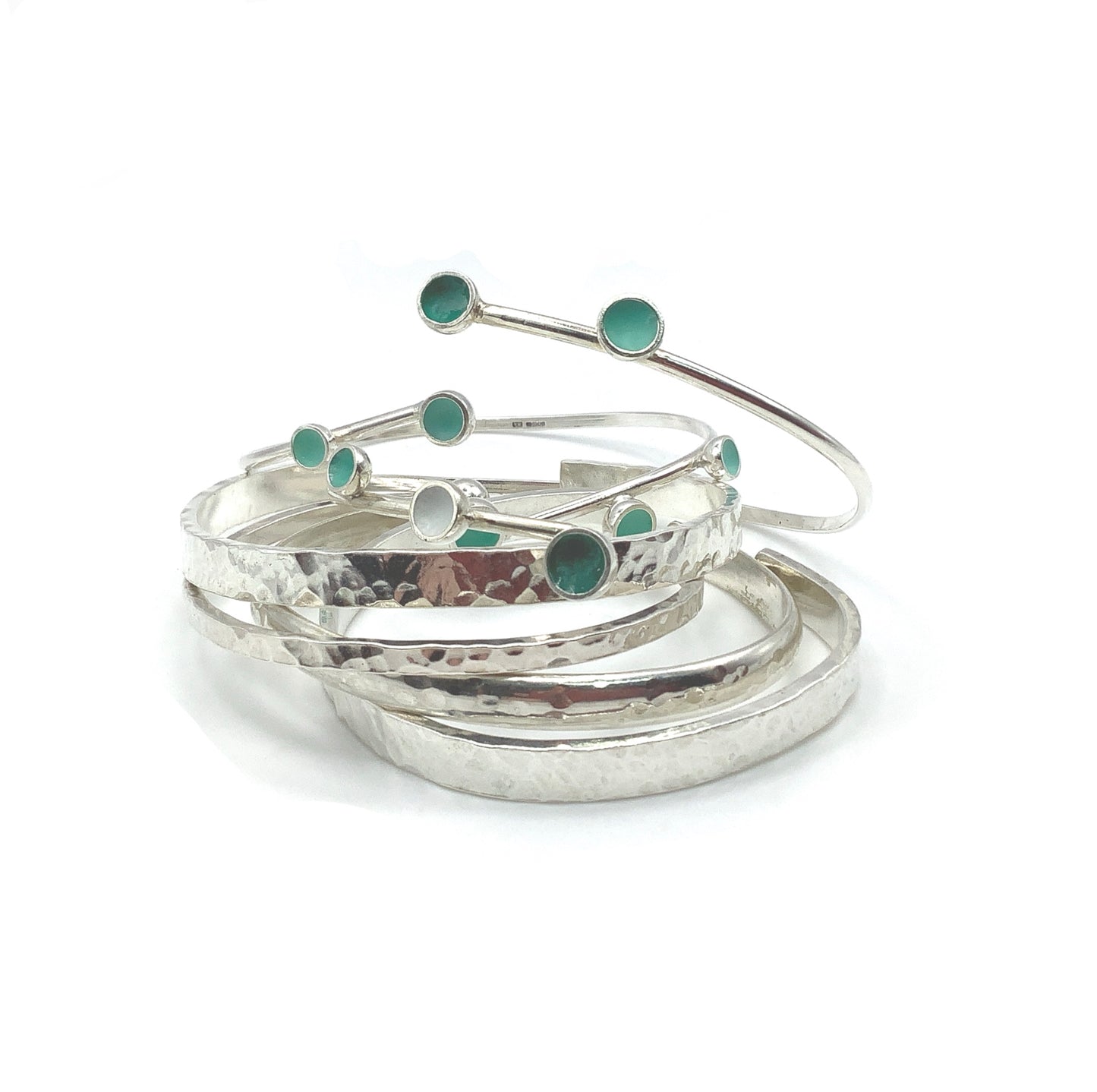 Sterling silver battered bangle with two balls