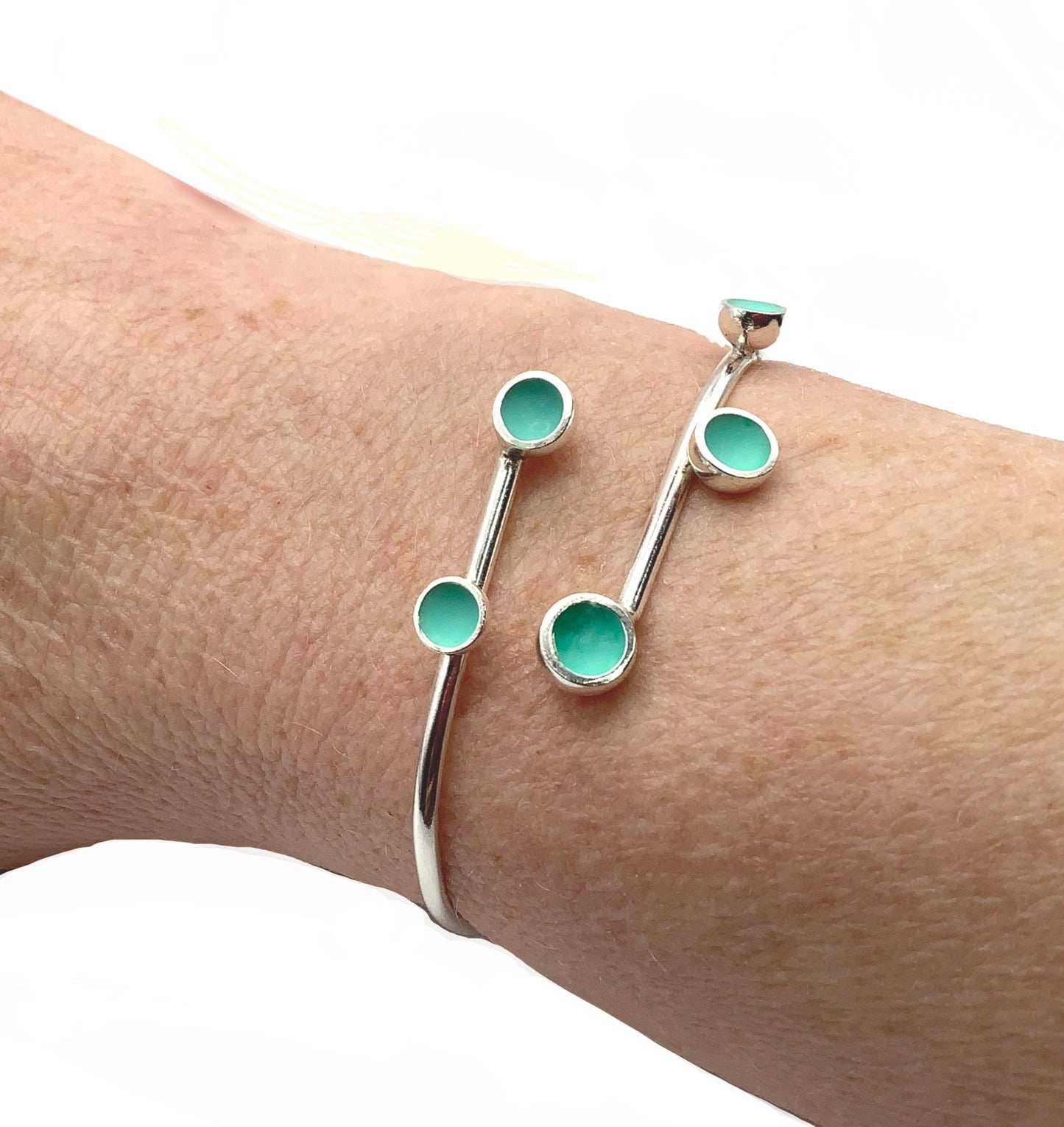 Sterling silver bangle with pale viridian green enamel