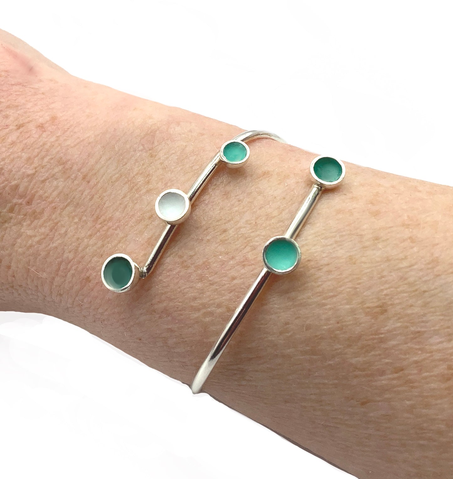 Sterling silver bangle with shades of viridian green and white enamel