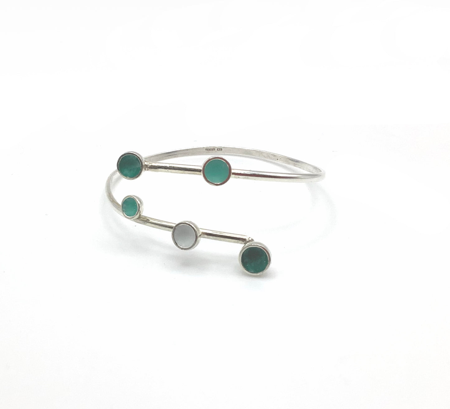 Sterling silver bangle with shades of viridian green and white enamel